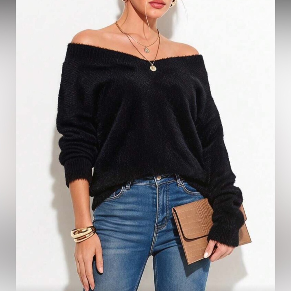 Black Off-Shoulder Fuzzy Women’s Sweater
